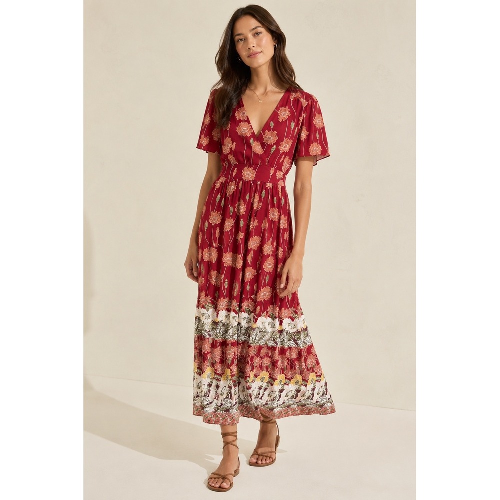 Madewell Women's Size 6 Burgundy Floral Faux Wrap Midi Dress Flutter Sleeve Boho